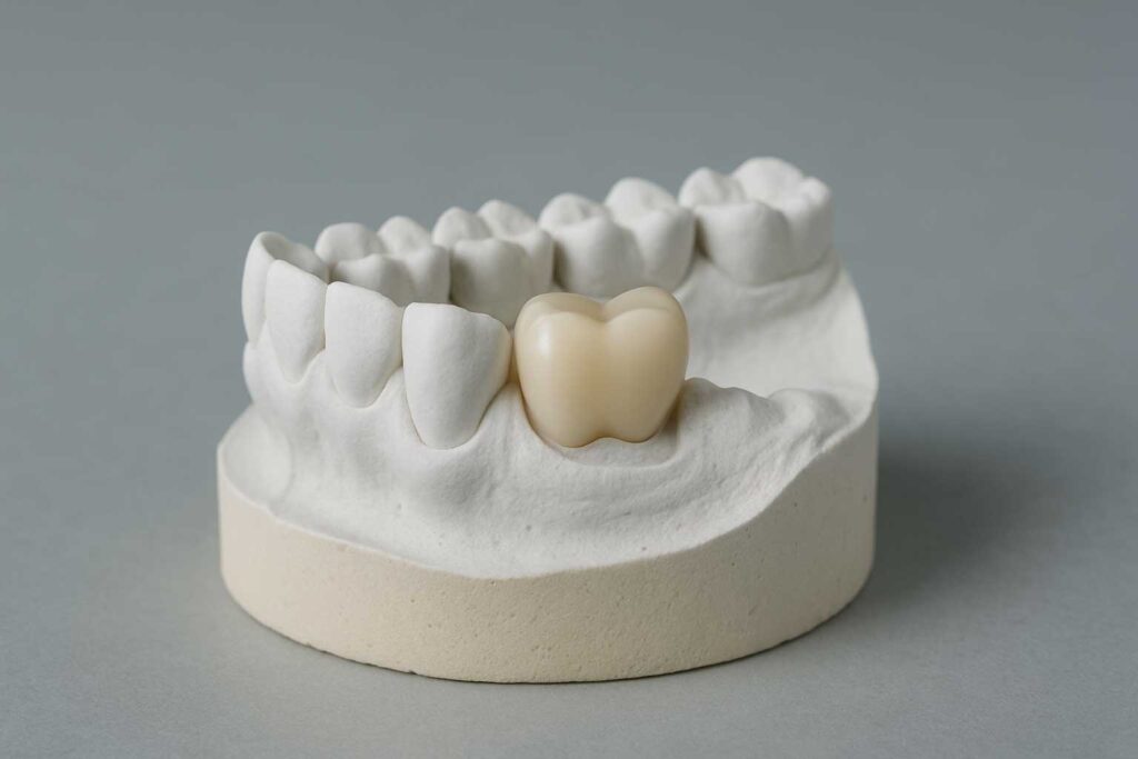 A dental model showcasing a provisional crown.