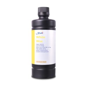 A bottle of iFUN White Wax Casting Resin (900D) for jewelry casting, featuring a black bottle with a white and yellow label listing its properties.