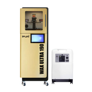 The iFUN Wax Ultra 190 oxygen - permeable 3d printer, featuring a golden - hued body with a display screen, accompanied by an oxygen - supply device on the right.