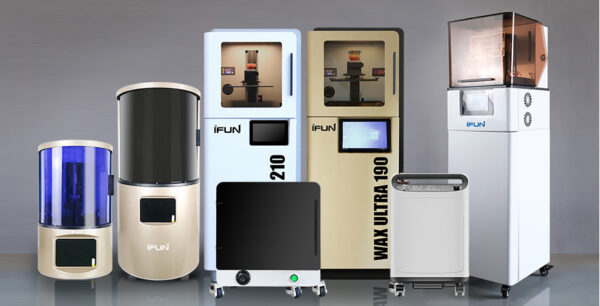 iFun brand, several different types of rectangular box-shaped 3D printers, including jewelry 3D printers and dental 3D printers.