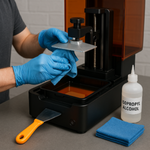 Technician maintaining a resin 3D printer by cleaning the build plate with a microfiber cloth in a well-lit workspace.