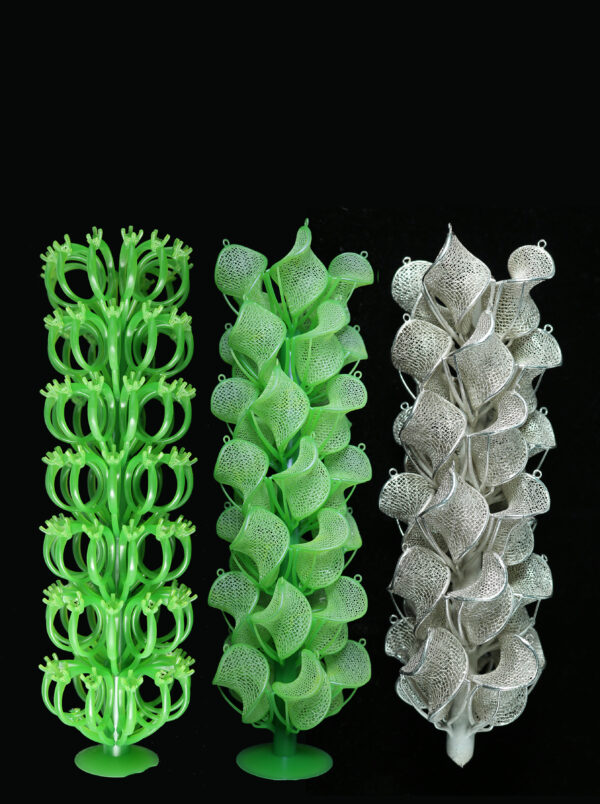 Green wax casting resin for ring (left), resin tree for earring pendants (middle), and the silver - finished product of earring pendants made by lost - wax casting (right).