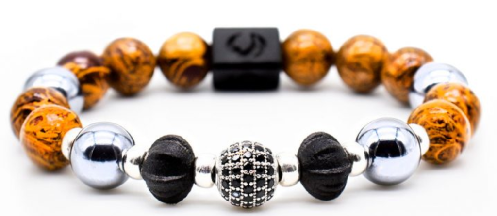 Men's bracelet designed by Eternha with nylon and fiberglass composite 3D printed beads, using nylon 3d printer filament, featuring various shapes and details