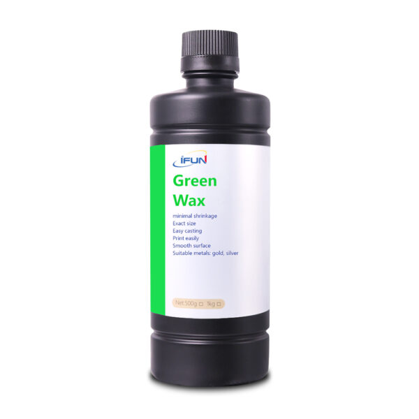 A bottle of iFUN Green Wax Casting Resin (700D) for jewelry casting, featuring a black bottle with a green - and - white label listing its features like minimal shrinkage and smooth surface.