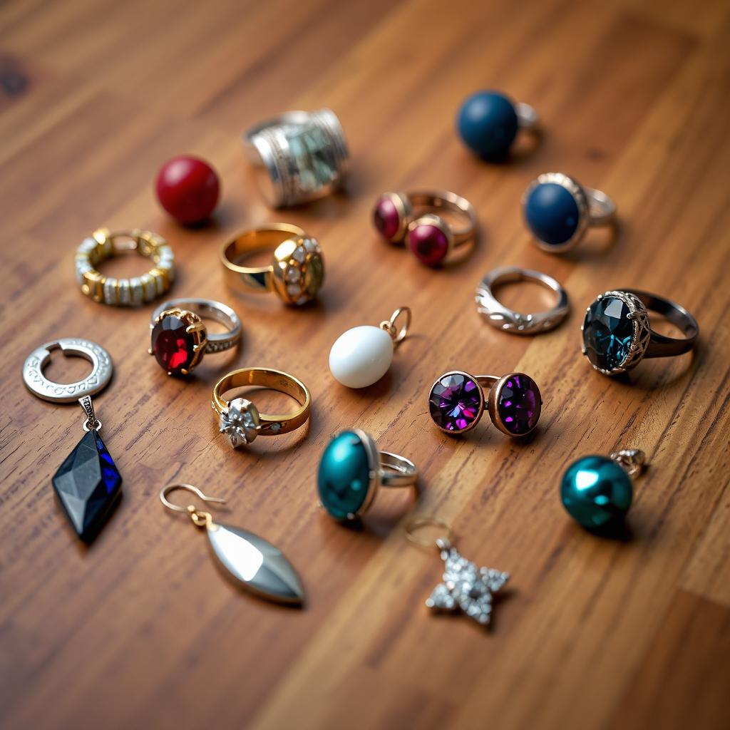 A collection of 3D-printed jewelry prototypes made from ABS filament, including earrings, rings, and pendants. The pieces are displayed on a wooden table, with some showing raw ABS texture and others painted or electroplated to mimic metal finishes. The image should emphasize the versatility of ABS for rapid prototyping in jewelry design.