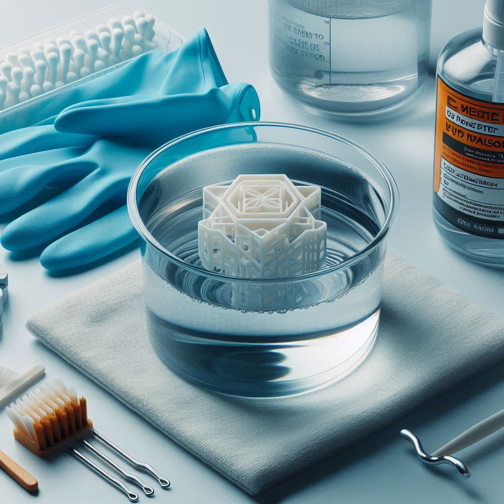 The 3d printed UV resin part is submerged in a cleaning solvent, with cleaning tools arranged around it.