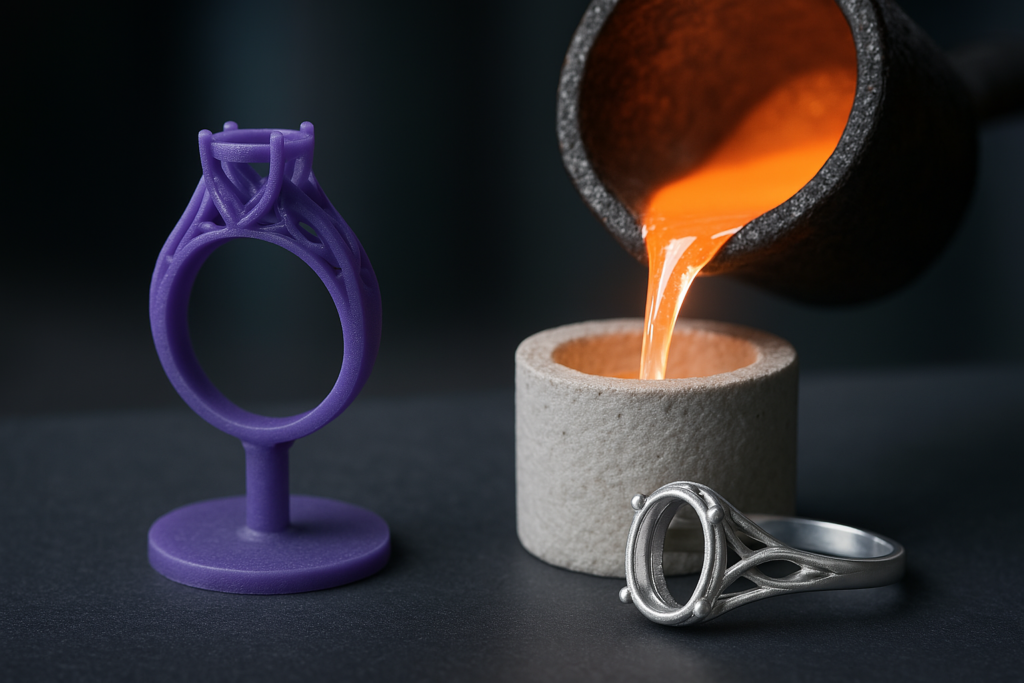 a 3D - printed purple ring prototype on a stand, alongside a metal ring with an intricate design. Molten metal is being poured into a casting mold, illustrating the jewelry casting process.
