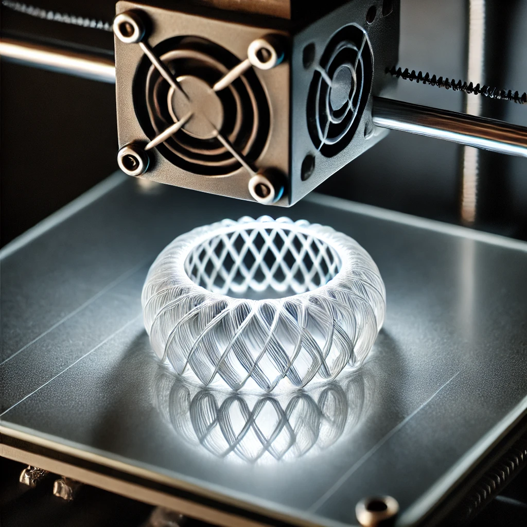 Close-up of a 3D printer creating a clear PLA bracelet, showcasing the transparent filament being extruded layer by layer with precision.