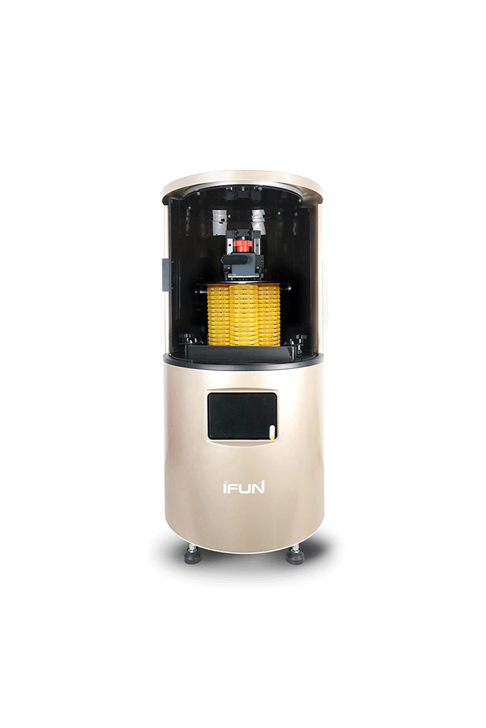 iFUN brand 3D printer with a cylindrical beige body, an open top revealing a yellow printed item inside, and a small viewing window