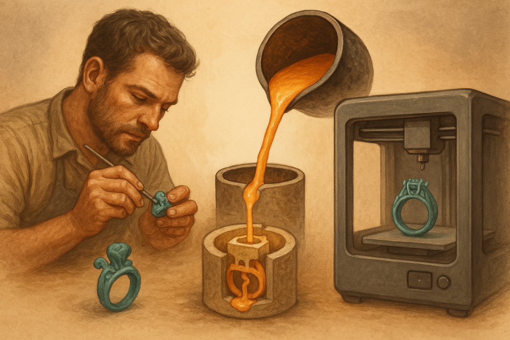 Artisan hand - carving wax mold beside 3D printer in jewelry casting process