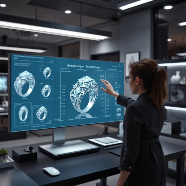 A futuristic digital concept of a jewelry design generated by AI. The image displays a high-tech holographic interface with a jewelry designer interacting with generative design software. The screen showcases an intricate ring model with adjustable parameters, and AI-generated variations floating in the background. The setting is a sleek, modern jewelry studio with a digital workstation.