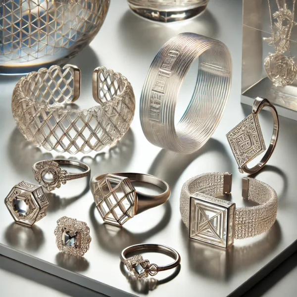 A collection of jewelry pieces 3D printed with clear PLA filament, including a transparent bracelet, a delicate ring, and a stylish pendant. The designs feature smooth, polished surfaces and enhanced transparency, suitable for modern jewelry design