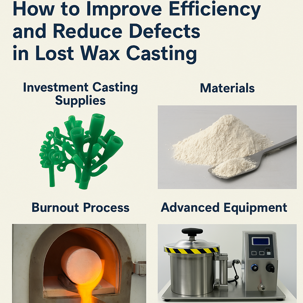 Infographic showing strategies to improve efficiency and reduce defects in investment casting, including wax selection, burnout process, and advanced equipment.