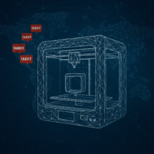 A global digital network shaped like a 3D printer, disrupted by red tariff icons over the US, symbolizing trade barriers in the 3D printing sector.