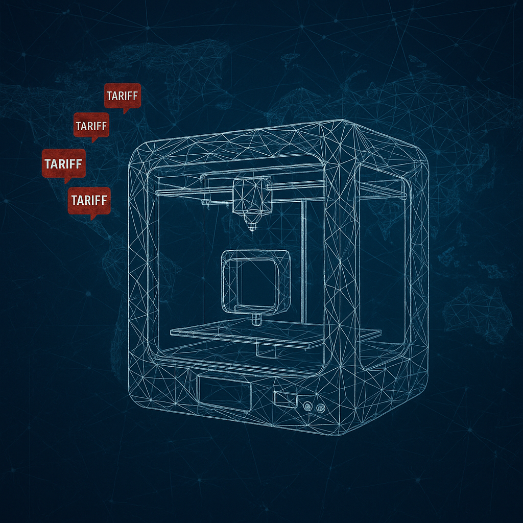 A global digital network shaped like a 3D printer, disrupted by red tariff icons over the US, symbolizing trade barriers in the 3D printing sector.