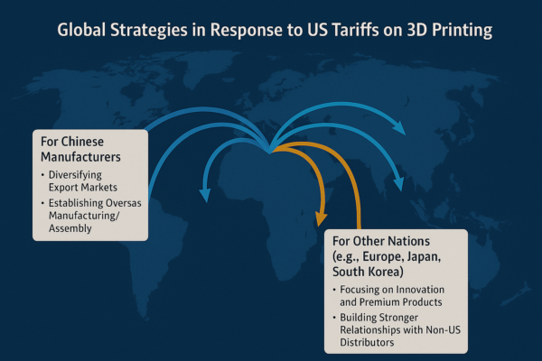 World map showing how Chinese and international 3D printing manufacturers respond to US tariffs through diversification and innovation strategies.