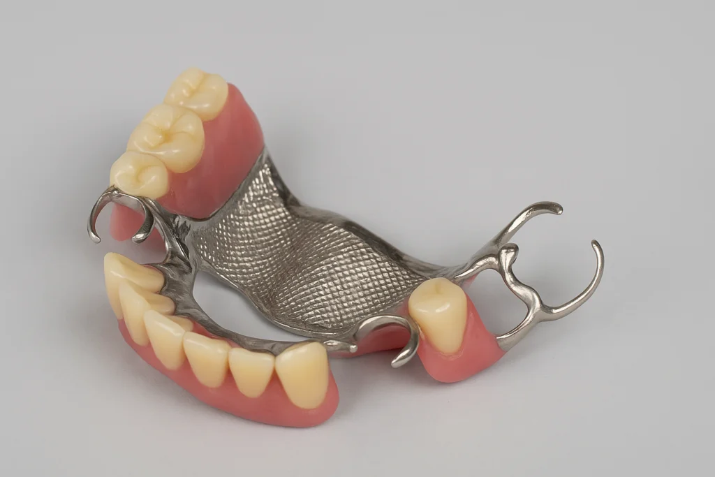Removable partial denture model. Restores missing teeth, with artificial teeth for function, pink baseplate like gum, and metal clasps for fixation.