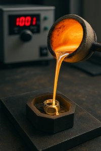 Molten metal being poured to cast a ring, with a temperature display in the background.