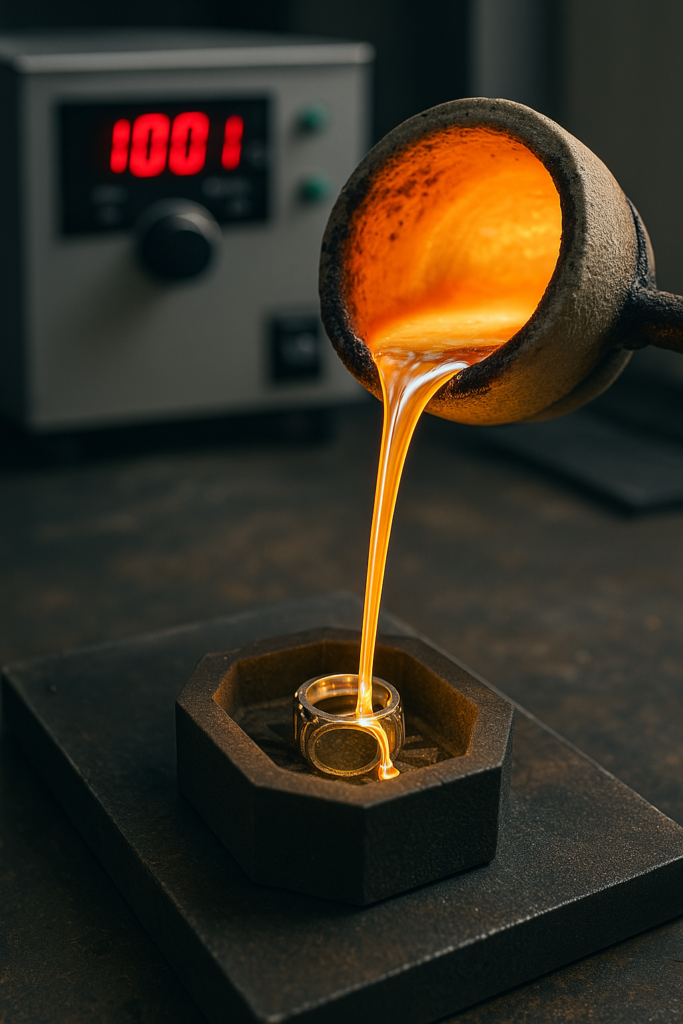 Molten metal being poured to cast a ring, with a temperature display in the background.