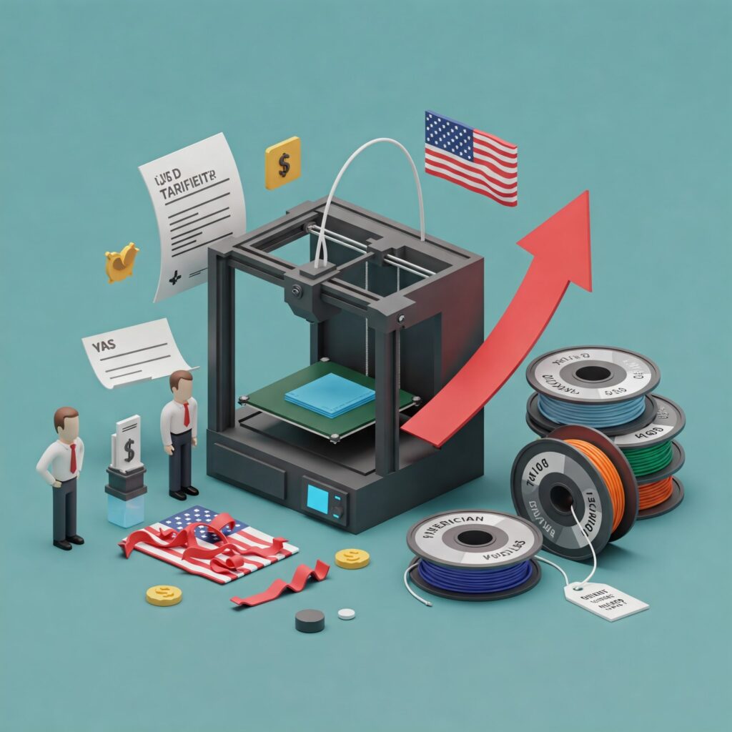 A red arrow next to a 3D printer points upwards, symbolizing rising prices, while spools of filament decorated with the American flag remain stable.