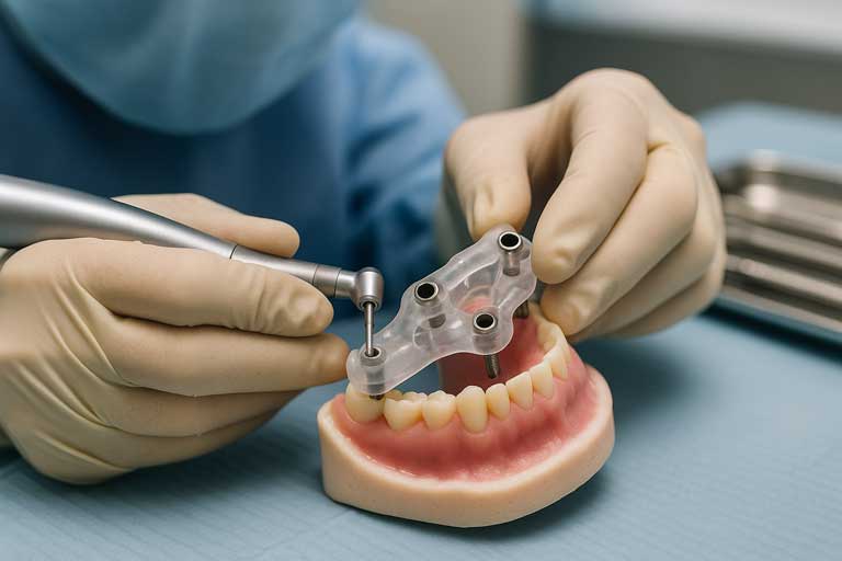 Dental professional adjusting a transparent surgical guide on a 3D printed gingival mask during a mock implant surgery, with clinical tools and lighting in the background.