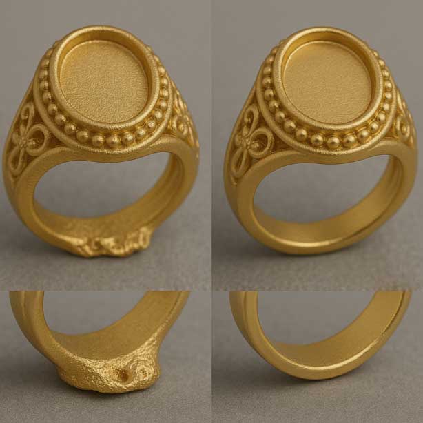 صب مجوهرات ذهبية مع التواء في الأسفل وعيوب سطحية على اليسار، مقارنة بصب مثالي وخالٍ من العيوب بعد تصحيح الالتواء على اليمين.