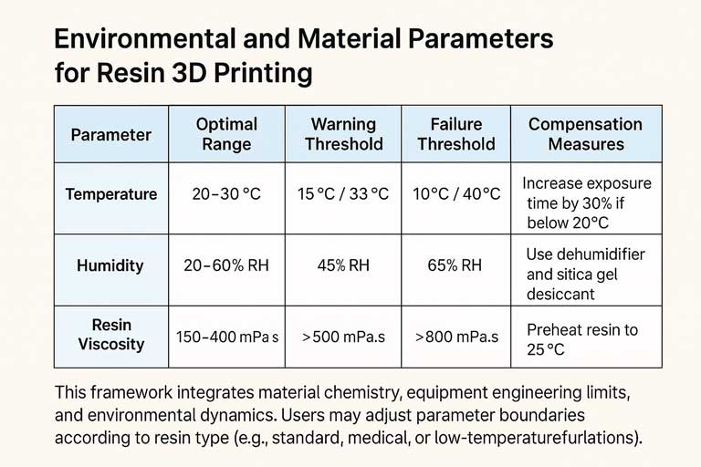 A table showing optimal ranges, warning thresholds, and failure limits for temperature, humidity, and resin viscosity in resin 3D printing, with corresponding compensation measures.