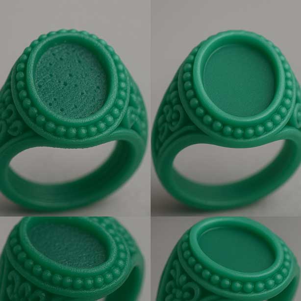 3D printed resin ring showing surface defects like pits and layer lines on the left, and a smooth, polished finish after UV resin repair and sanding on the right.