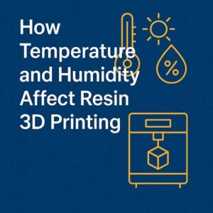 Cover image with the title "How Temperature and Humidity Affect Resin 3D Printing" alongside icons of a thermometer, sun, humidity symbol, and 3D printer on a dark blue background.