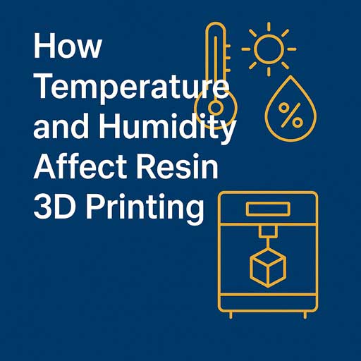 Cover image with the title "How Temperature and Humidity Affect Resin 3D Printing" alongside icons of a thermometer, sun, humidity symbol, and 3D printer on a dark blue background.