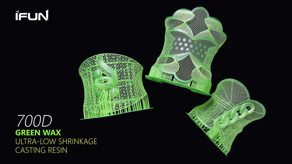 Three 3D - printed iFUN 700D green wax resin bracelet models (ready for lost - wax casting) with intricate hollow designs