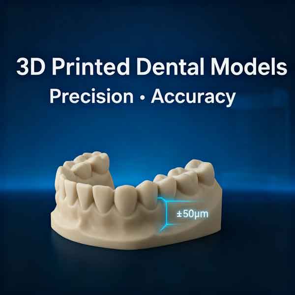 High-precision 3D printed dental model with digital measurement overlay highlighting ±50μm accuracy