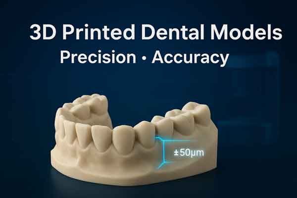 High-precision 3D printed dental model with digital measurement overlay highlighting ±50μm accuracy