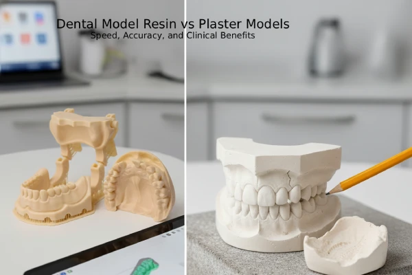 A split image showing a 3D printed resin dental model on the left, next to a tablet displaying a digital dental scan, and a traditional plaster dental model on the right with a pencil resting on it, illustrating the comparison between modern resin models and conventional plaster models in dentistry.