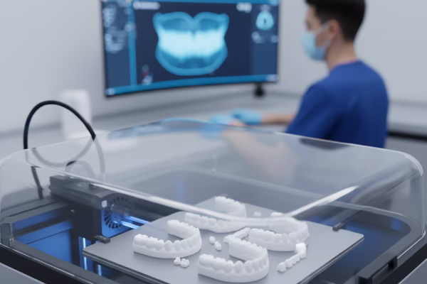 DLP/LCD 3D printer creating digital dentures; dental technician reviewing CAD model.