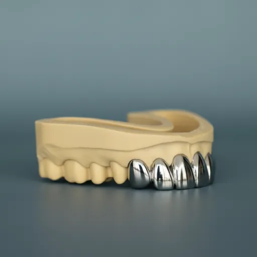 a 3D printed castable resin dental model in light yellow, with several highly polished silver metal crowns fitted on the anterior teeth. The model sits on a coordinating grey-blue background.