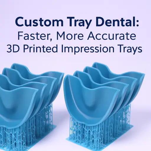 Batch of 3D printed custom tray dental models in blue resin, still attached to their support structures, showcasing the initial output from an SLA 3D printer.