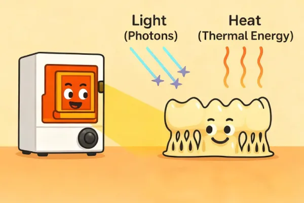 3D printing machine curing a dental crown using light (photons) and heat (thermal energy).