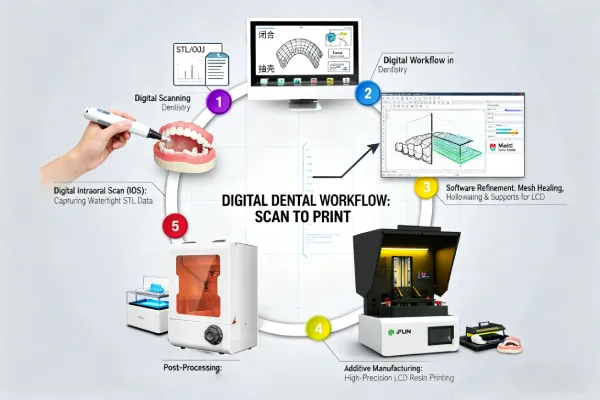 Digital dental workflow diagram: IOS scan, software, resin 3D printing, and dedicated washing/curing post-processing unit.