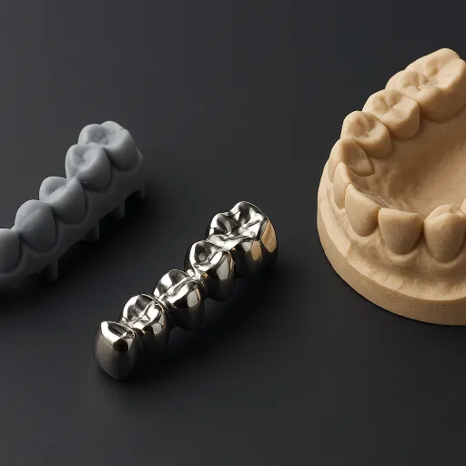 3D printed dental casting material next to a metal casting dental restoration and a diagnostic cast dental model, demonstrating the dental cast and cast dental workflow.