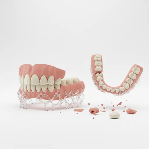 High-resolution macro close-up of a 3D printed complete denture with pink gingiva and ivory teeth, clearly showing the polymer layer structure and translucent lattice support materials, symbolizing the digital manufacturing process and material strength for long-term durability