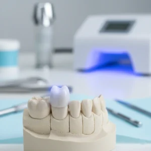 A detailed close-up of a 3D printed permanent crown placed on a patient's dental model with a 3D printer and curing unit in the blurred background.