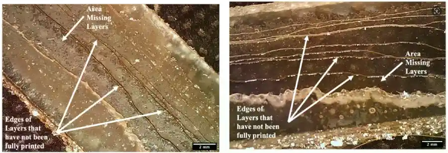 A high-magnification micrograph of a 3D printed jewelry model showing missing layers, delamination, and incomplete edges in high-wax resin casting material.