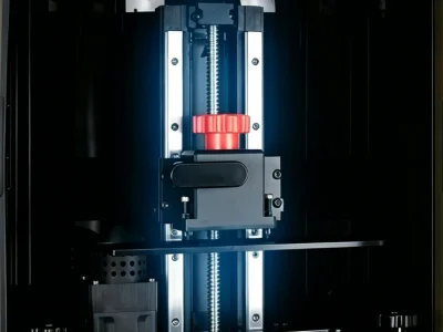 Close-up of a high-precision 3D printer Z-axis assembly featuring a metallic ball screw and dual linear guide rails with a blue highlight.
