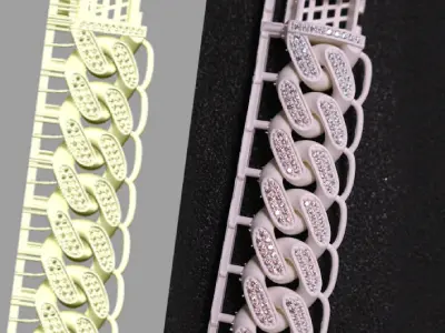 A comparison showing a jewelry CAD model of a cuban link chain next to the actual 3D printed model with gems pre-set cleanly into the prong sockets, demonstrating the high dimensional stability and precision of the jewelry 3D printer without secondary cutting.