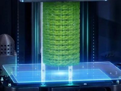 A cluster of 3D printed green resin jewelry bracelets lifts vertically inside a jewelry 3D printer chamber, with blue light rays flowing upward from a completely flat and stable transparent TCF release film below.