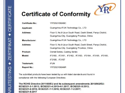RoHS Certificate of Conformity for IFUN dental series and casting series materials.