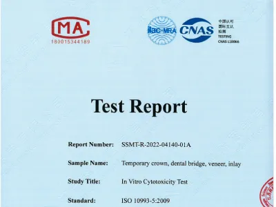 ISO 10993-5 test report for dental materials showing in vitro cytotoxicity test compliance.