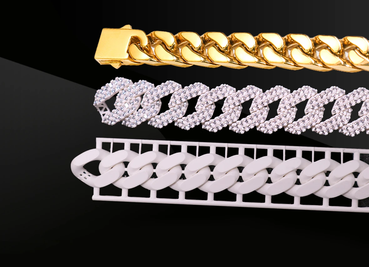 Flat lay showing 3D printed resin Cuban bracelet, stone pre-set resin pattern, and finished gold cast Cuban bracelet