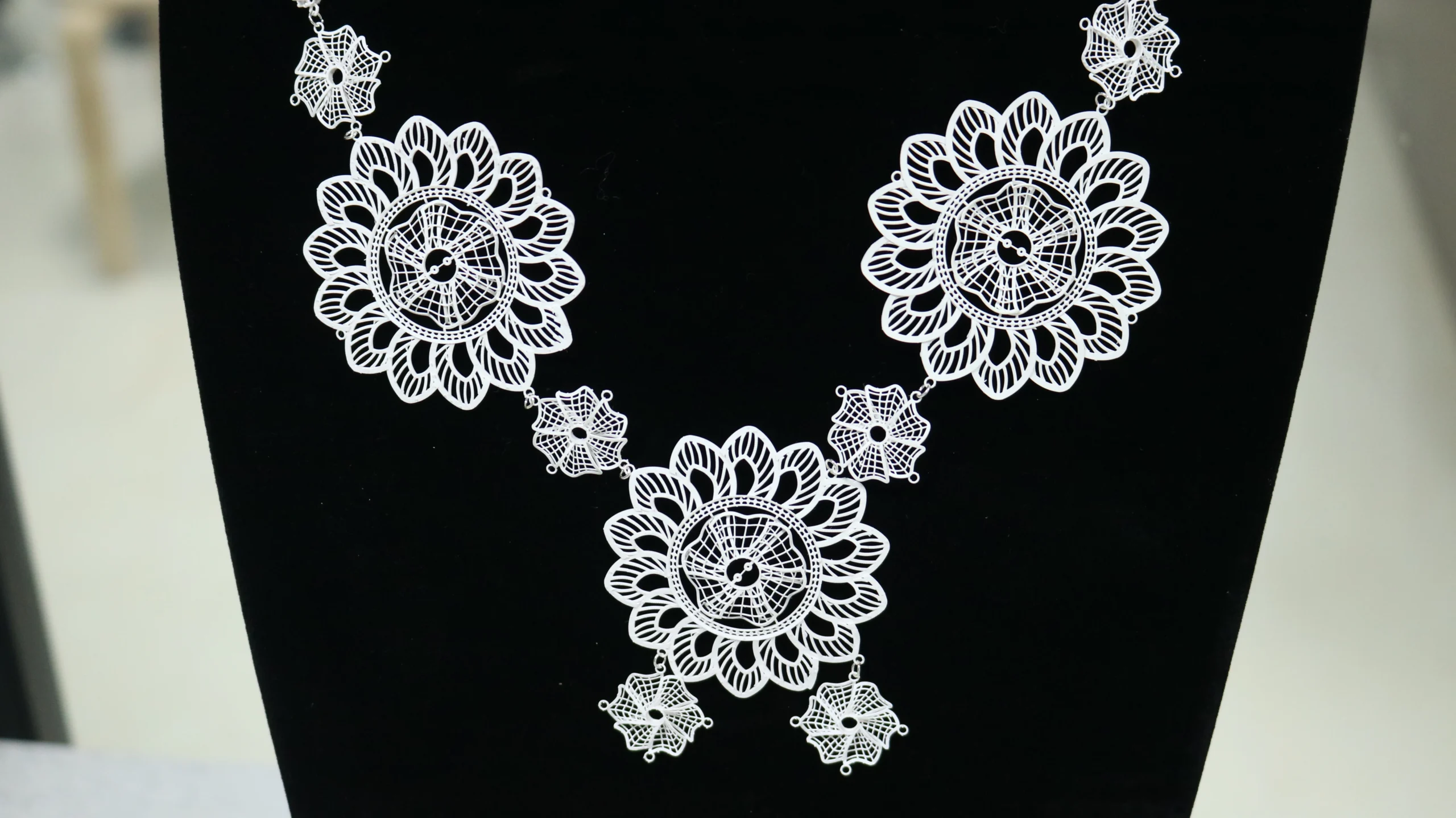 Front close-up view of 3D printed intricate floral filigree medallion necklace in 800D white wax resin